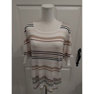 Liz Claiborne Womens XL White Pink Tan Black Stripe Knit Sweater Top 3/4 Sleeve